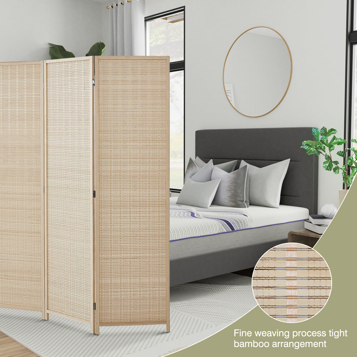 6 Panel Bamboo Room Divider, Folding Privacy Wall Divider Freestanding Partition