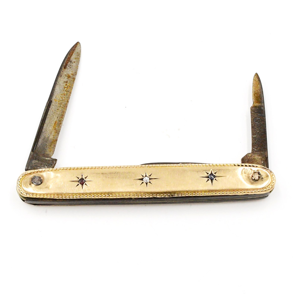 Gold Filled Antique Sapphire Diamond & Ruby Gemstone Pocket Knife