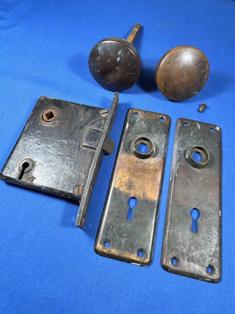 C.1915 Copper Door Knobs & Backplates ~ Mortise Set Tested w/ Knob, No Key