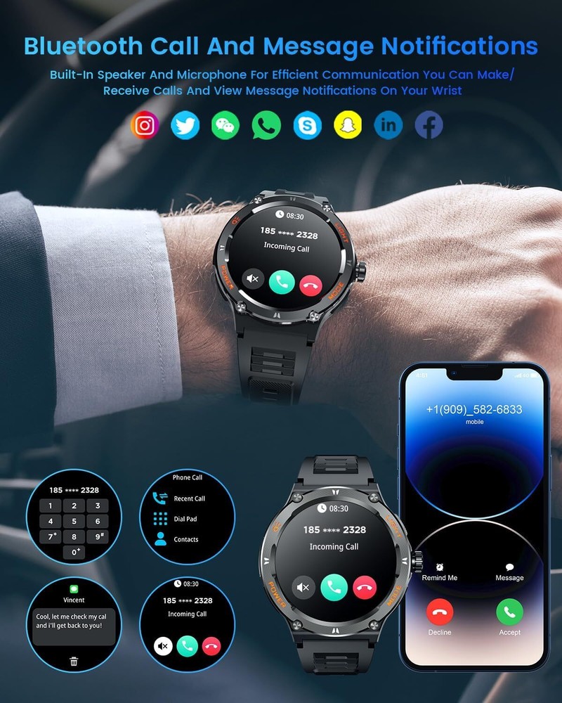 Smartwatch Men 1.53" Round Touchscreen Waterproof Compatible with Android & iOS