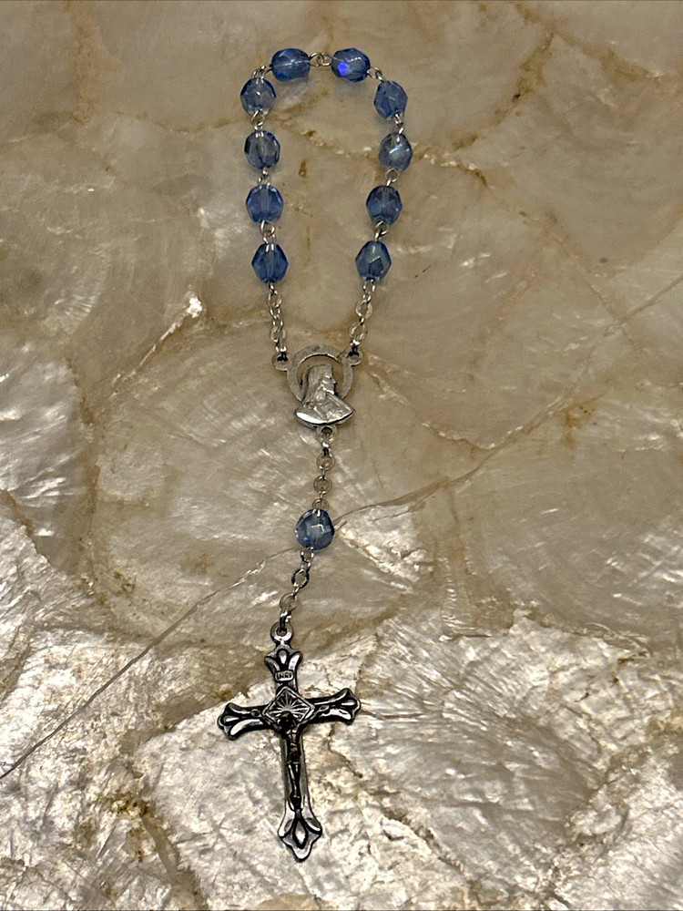 Catholic Small Rosary Made in Italy Light Blue Glass Beads/ Metal