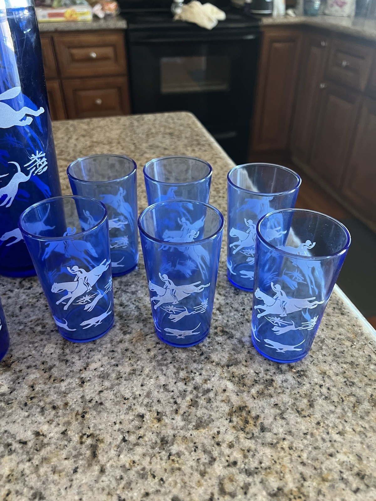 1930’s Cocktail Shaker Set Hazel Atlas Blue/White Fox Hunt Shaker & 12 Glasses