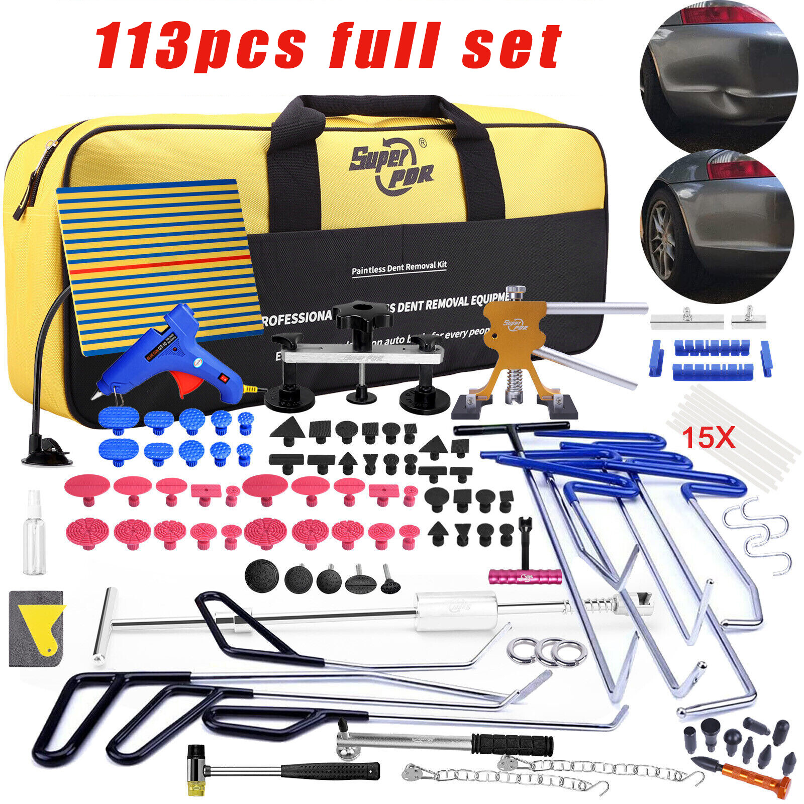 113 Pcs Paintless Dent Removal Rods Stainless Steel Tool Kit Dent Repair Tools