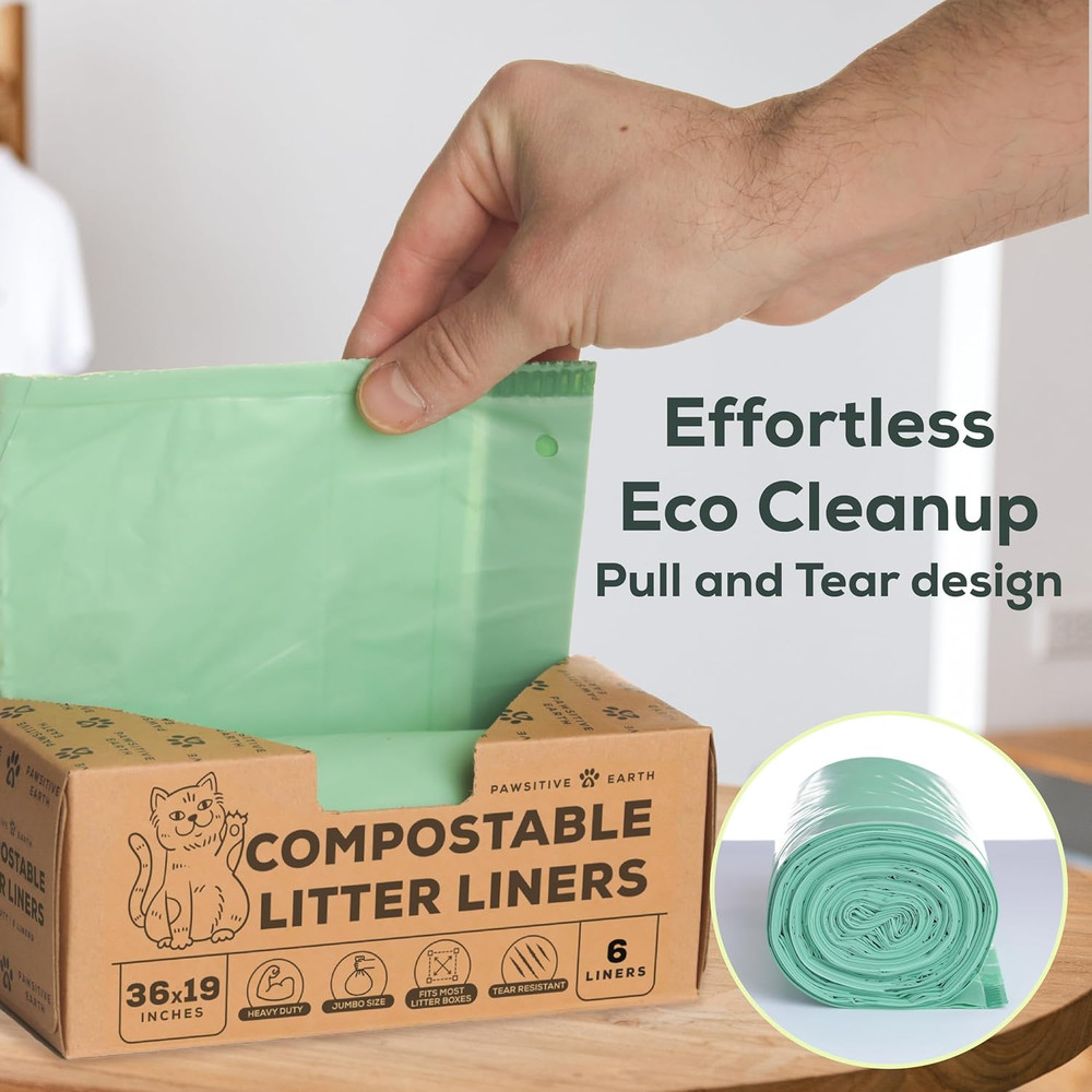 Cat Litter Box Liners 100% Compostable - Drawstring Close - 6 Count - Jumbo Size