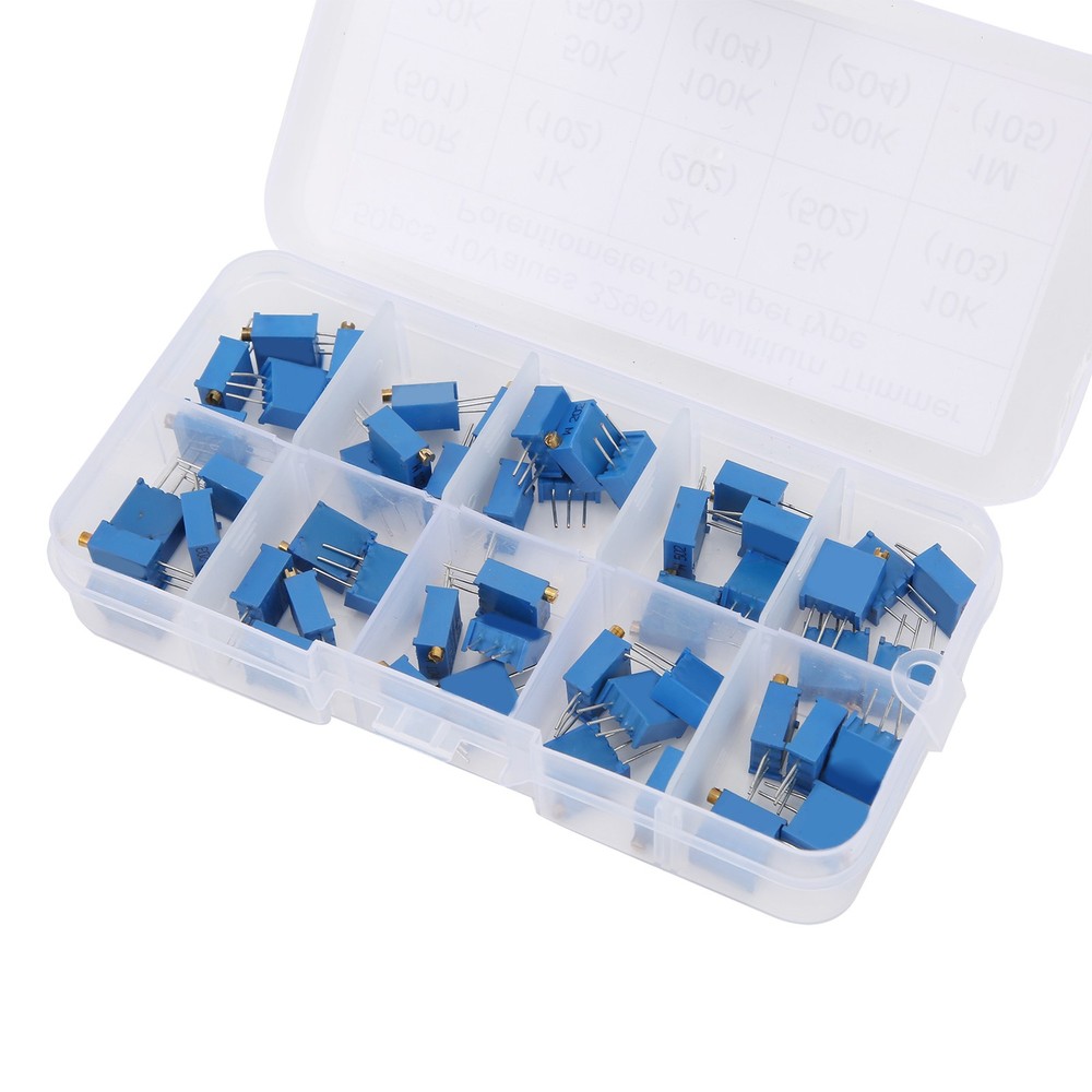 50pcs Variable Resistor 10 Values 3296W Regulating Resistance Trimmer Tool Part