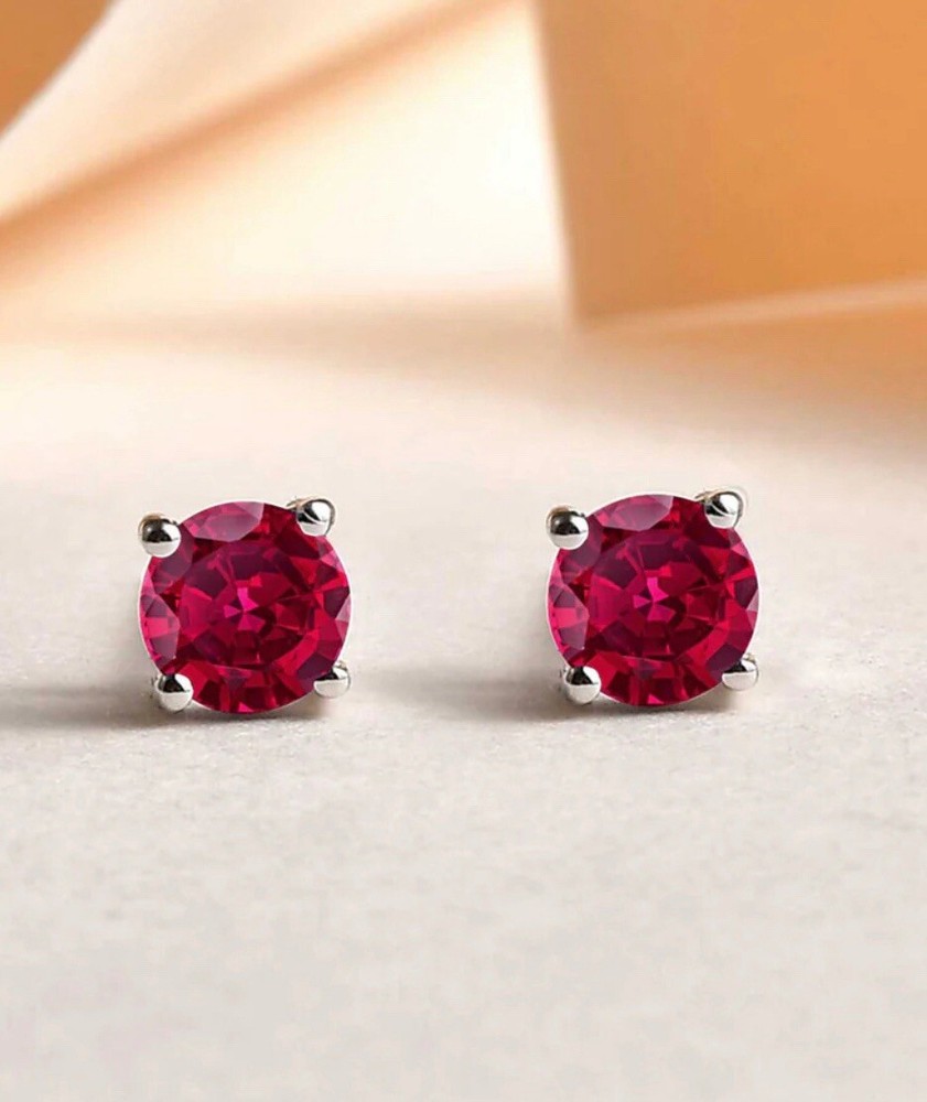 4 CT LAB CREATED RED RUBY STUD EARRINGS 14K WHITE GOLD ROUND CUT 7MM PUSH BACK