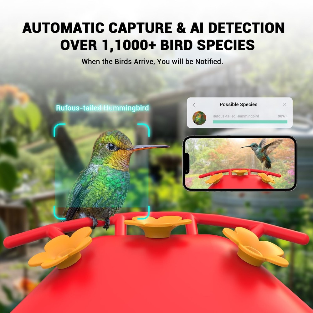 Hummingbird Feeder with Camera, AI Smart Identification Cloud Storage Functio...
