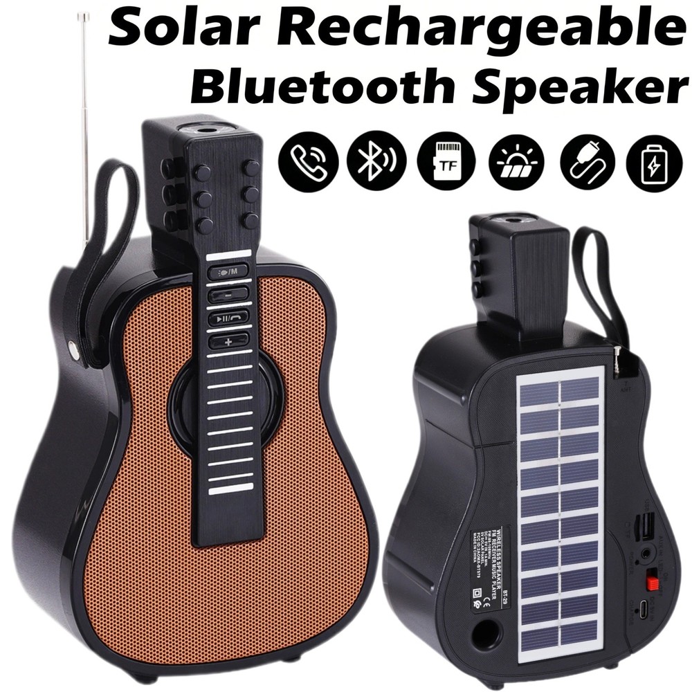 Portable Solar Rechargeable Guitar Design Bluetooth Speaker with Flashlight FM
