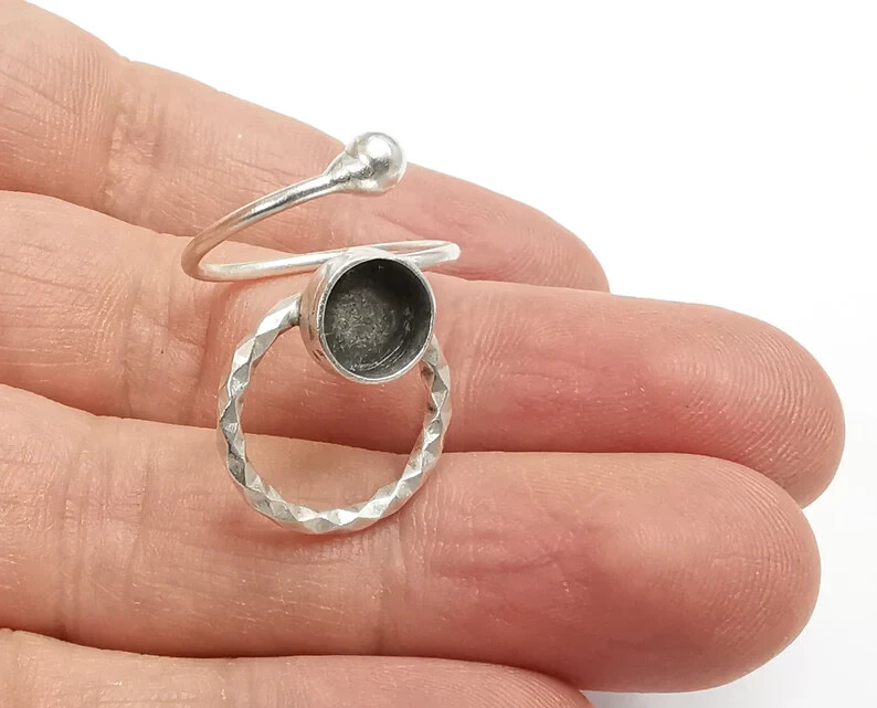 Wrap Textured Silver Ring Setting Blank Cabochon Mounting Adjustable 8mm G26843