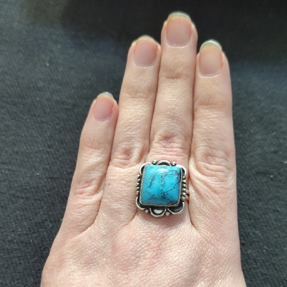 Silver Plated Blue Turquoise Gemstone Square Statement Ring - Size 8-10
