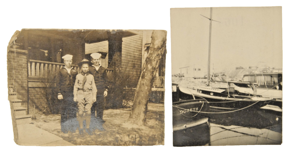 ID'd WWII U.S. NAVY CRACKER JACK UNIFORM, HAT, BELT, DOG TAG, PHOTO'S, CARDS