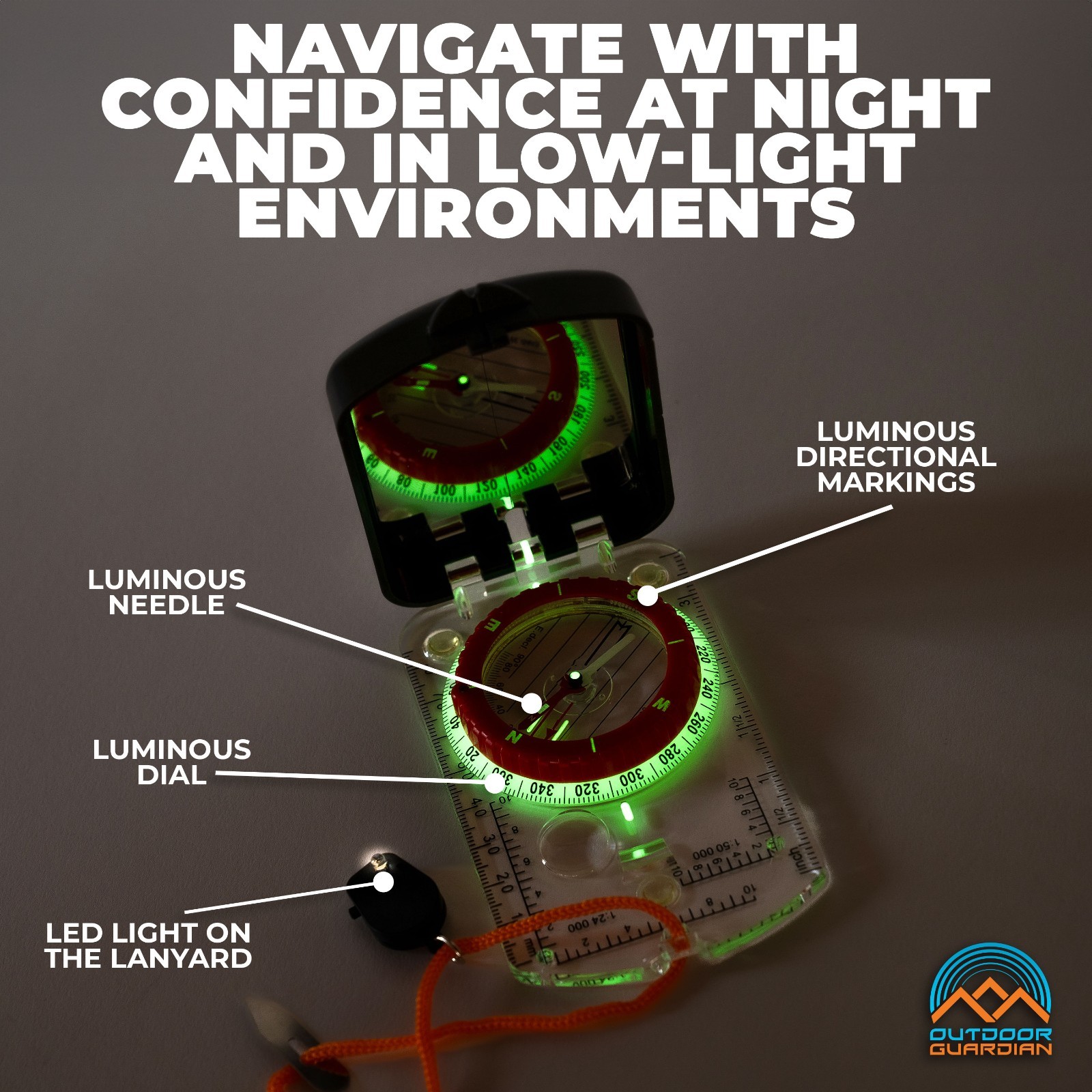 Pathfinder Mirror Sighting Compass w/Global Needle, Declination, Whistle, & LED