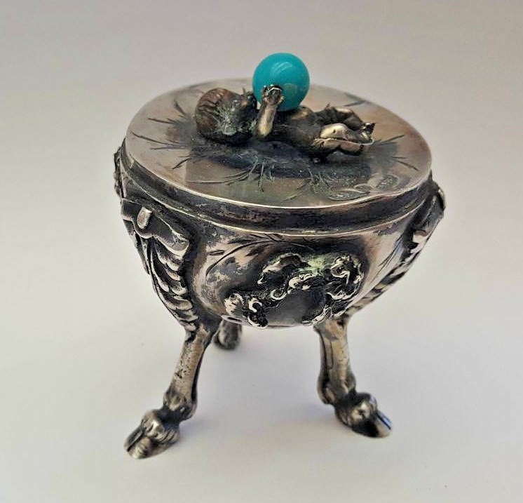 CIRCA 1886 RUSSIAN EGG 84 SILVER WITH RUBY & BLUE STONE