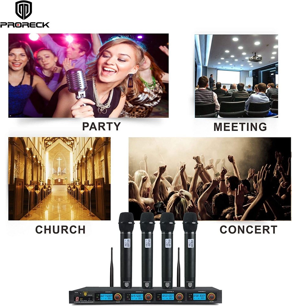 PRORECK MX44 4-Channel UHF Wireless Microphone System with 4 Hand-held Mics