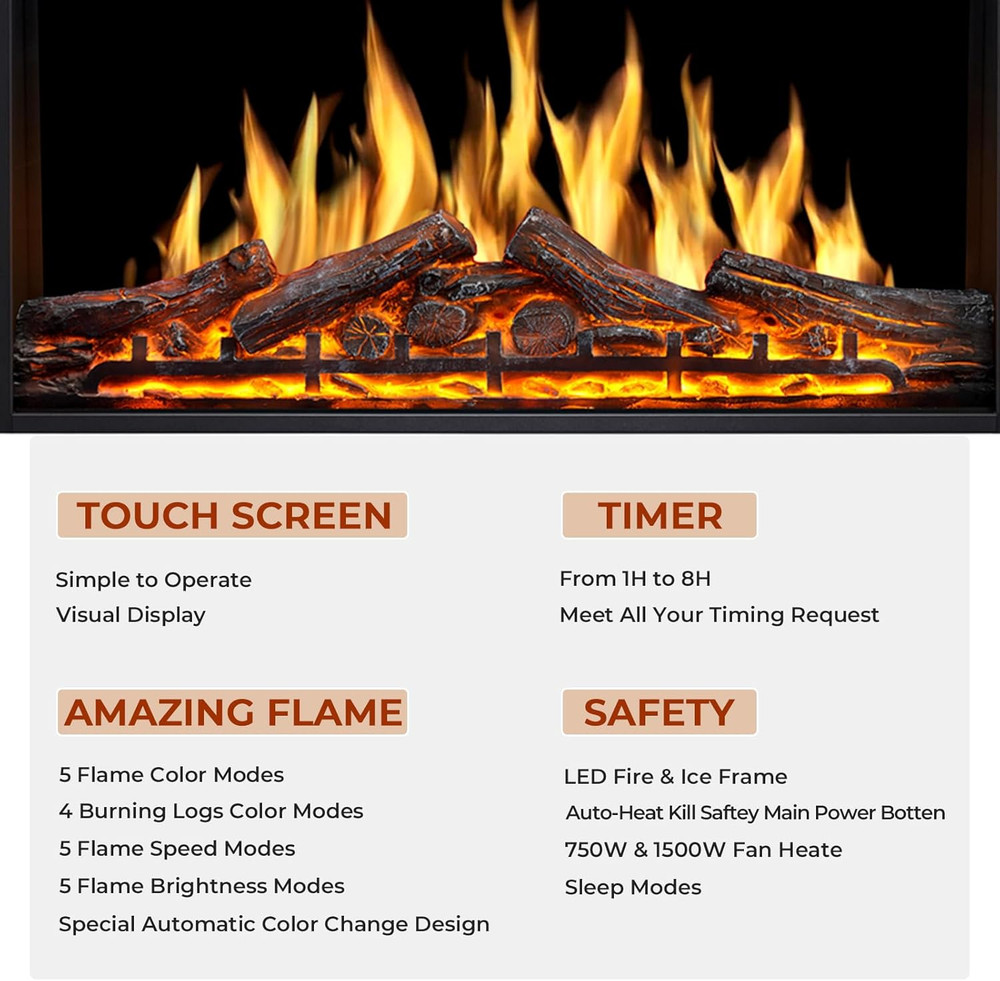 37" Electric Fireplace Insert with Remote, Adjustable Flames & Brightness