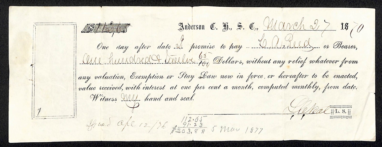 1870 Anderson Court House, South Carolina Promissory Note