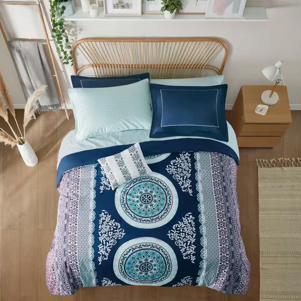 9 Piece Navy Soft Microfiber Queen Size Brush Printed Pattern Boho Comforter