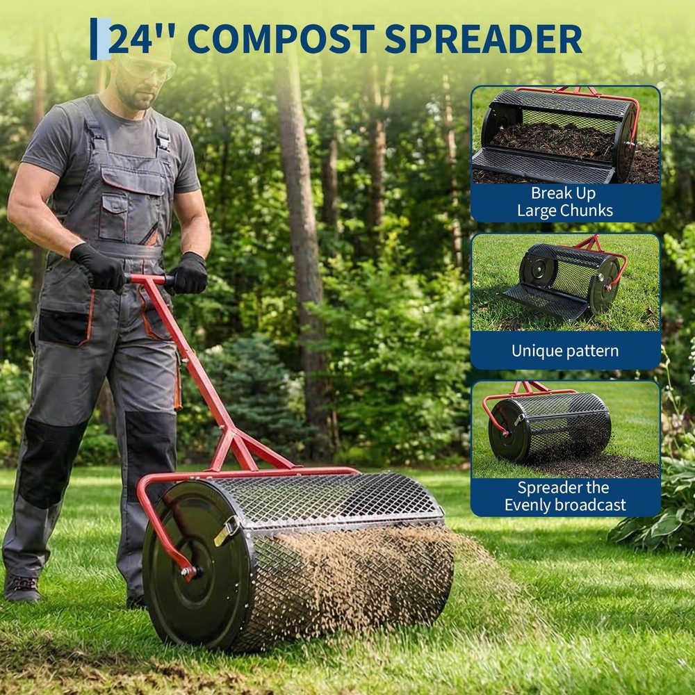 Compost Spreader, 24'' Wide Peat Moss Spreader with Handle, 3 Heights Adjustable