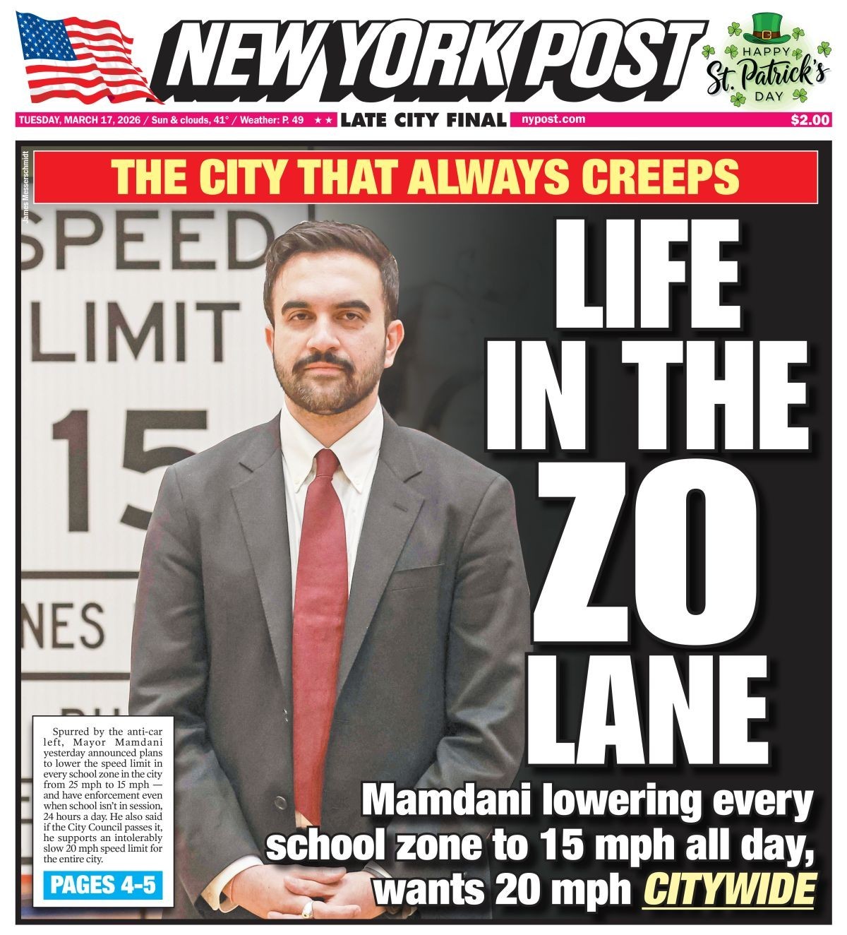 NY Post: Mamdani pushes 15 mph zones, 20 citywide