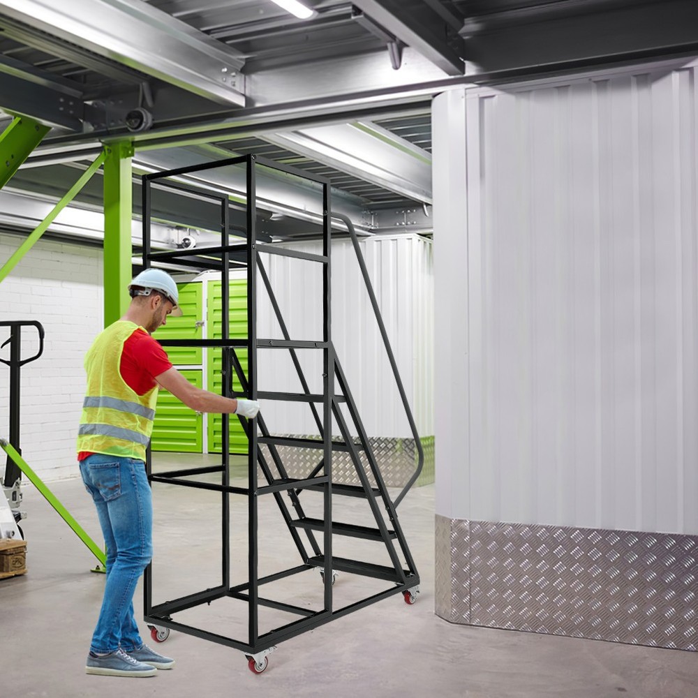 Rolling Ladder 6-Step Warehouse Ladder Platform Height 27.5" w/ Lockable Wheels