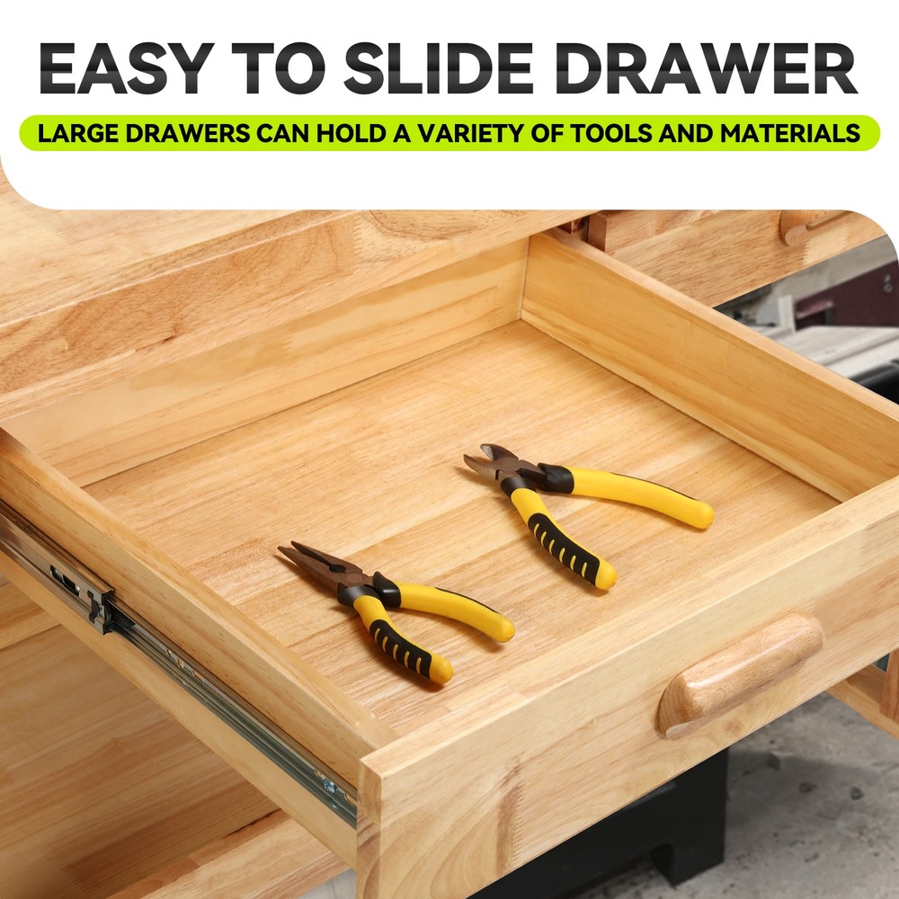 Solid Oak Wood Workbench Work Desk w/ 2 Drawers + Open Space + Adjustable Handle