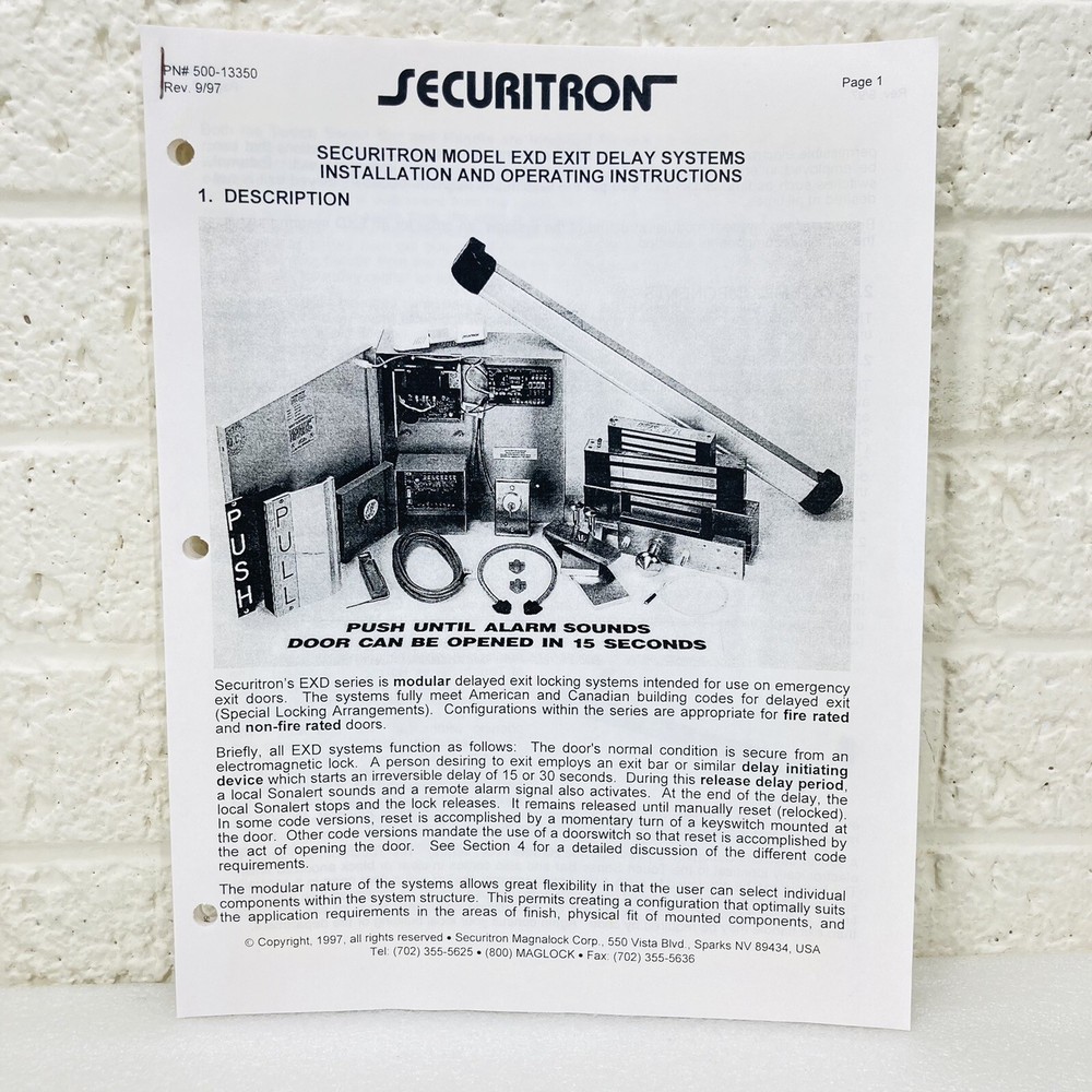 Securitron EXD Model Exit Delay Systems Installation & Operating Instructions
