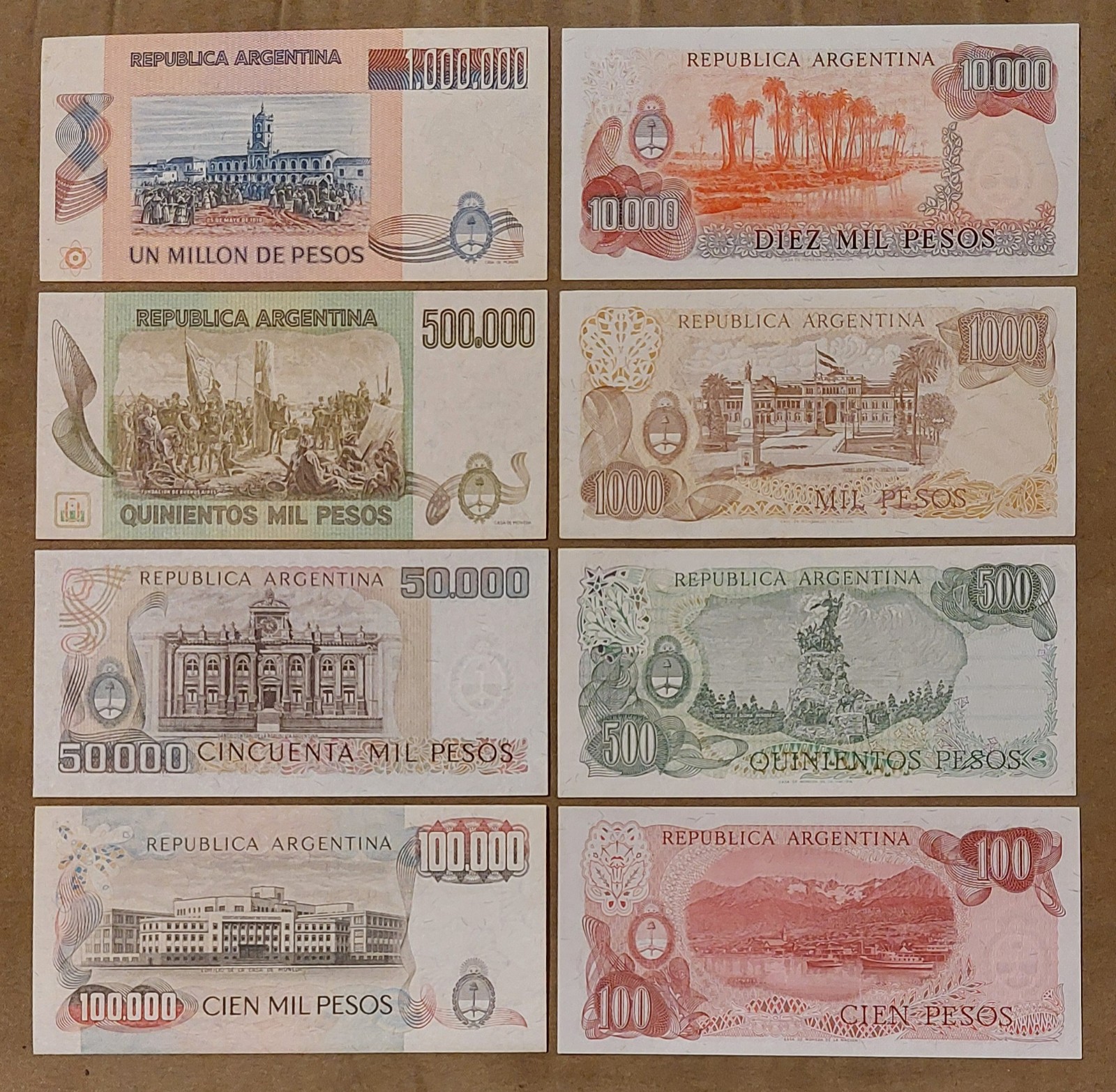 1970-80's ARGENTINA Hyperinflation 8 UNC Note Lot 1000000 500000 100000 + Pesos