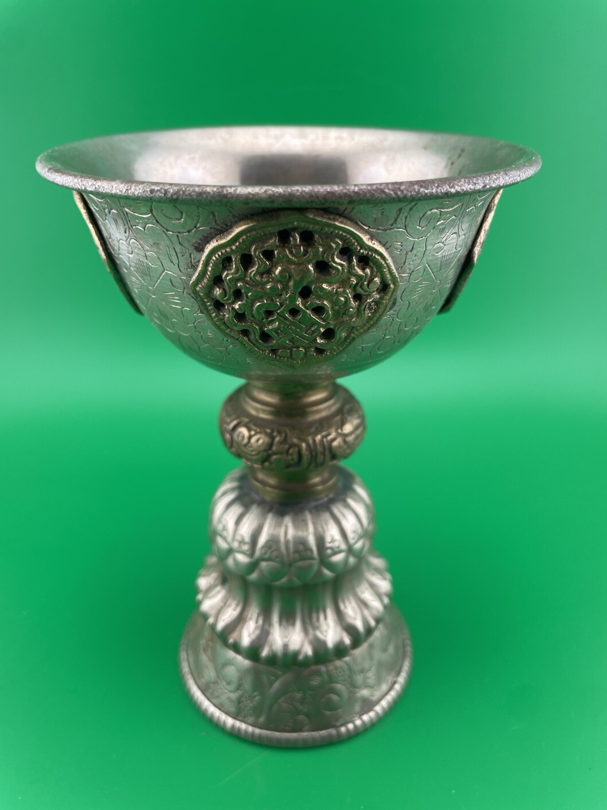 Vintage Tibetan Buddhist Butter Oil Alter Lamp Ornate Repousse Etched Designs