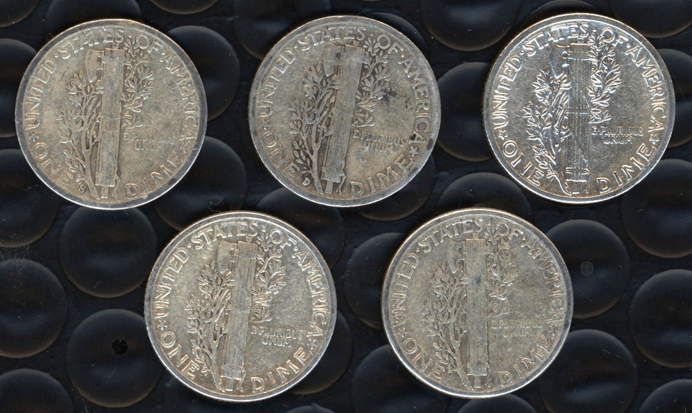 FIVE 90% SILVER MERCURY DIMES ~ FULL DATES ~ SILVER NOW AT RECORD HIGHS