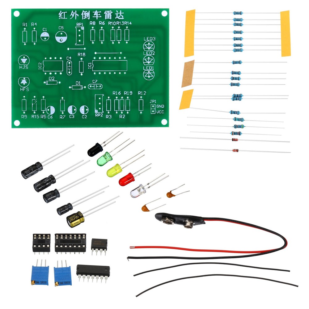 Soldering Practice Board, 3 Set PCB Board DIY Infrared Reversing Electronics, 9V