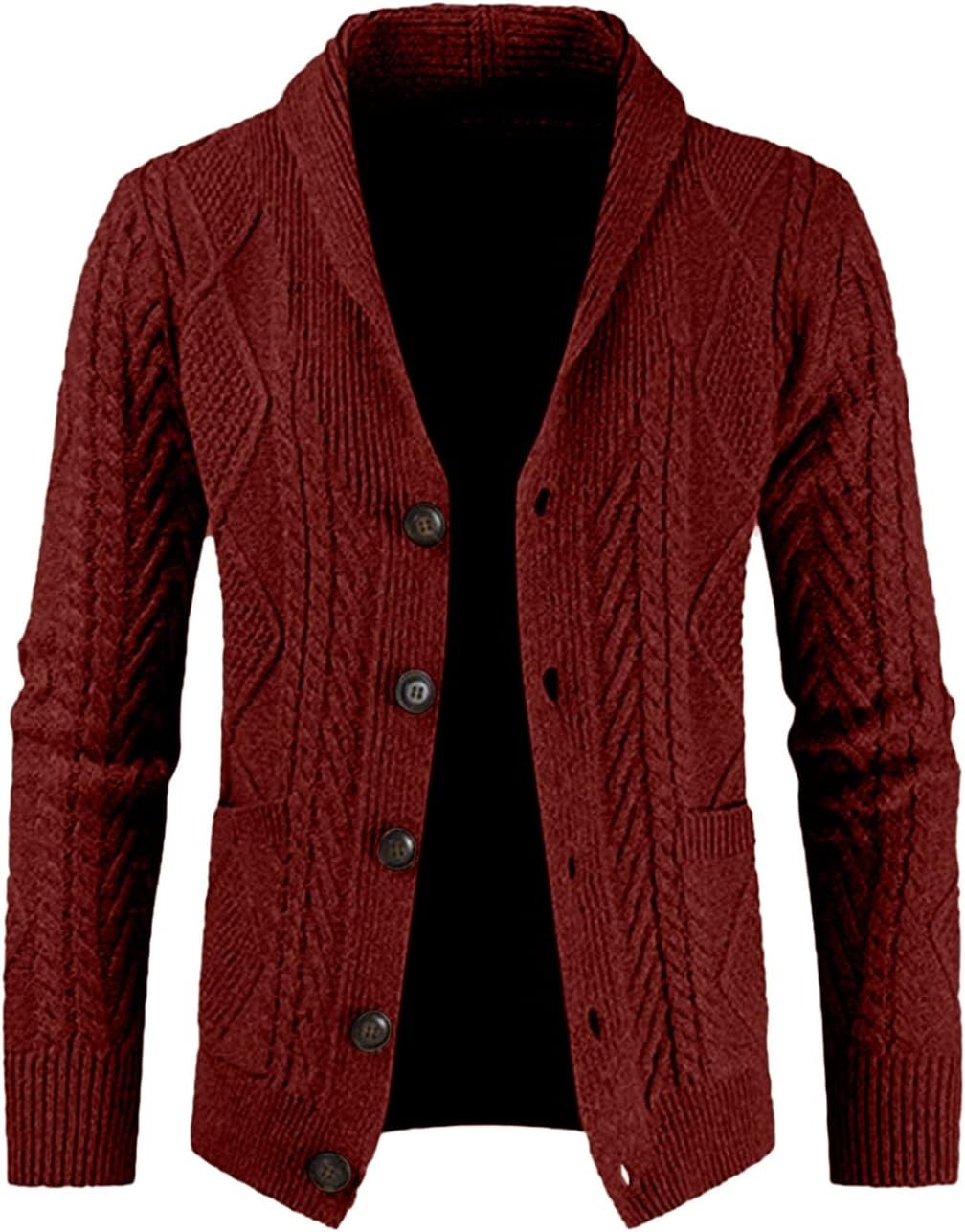 Men's Cable Knit Cardigan Sweater Wool Blend Long Sleeve Shawl Collar Casual
