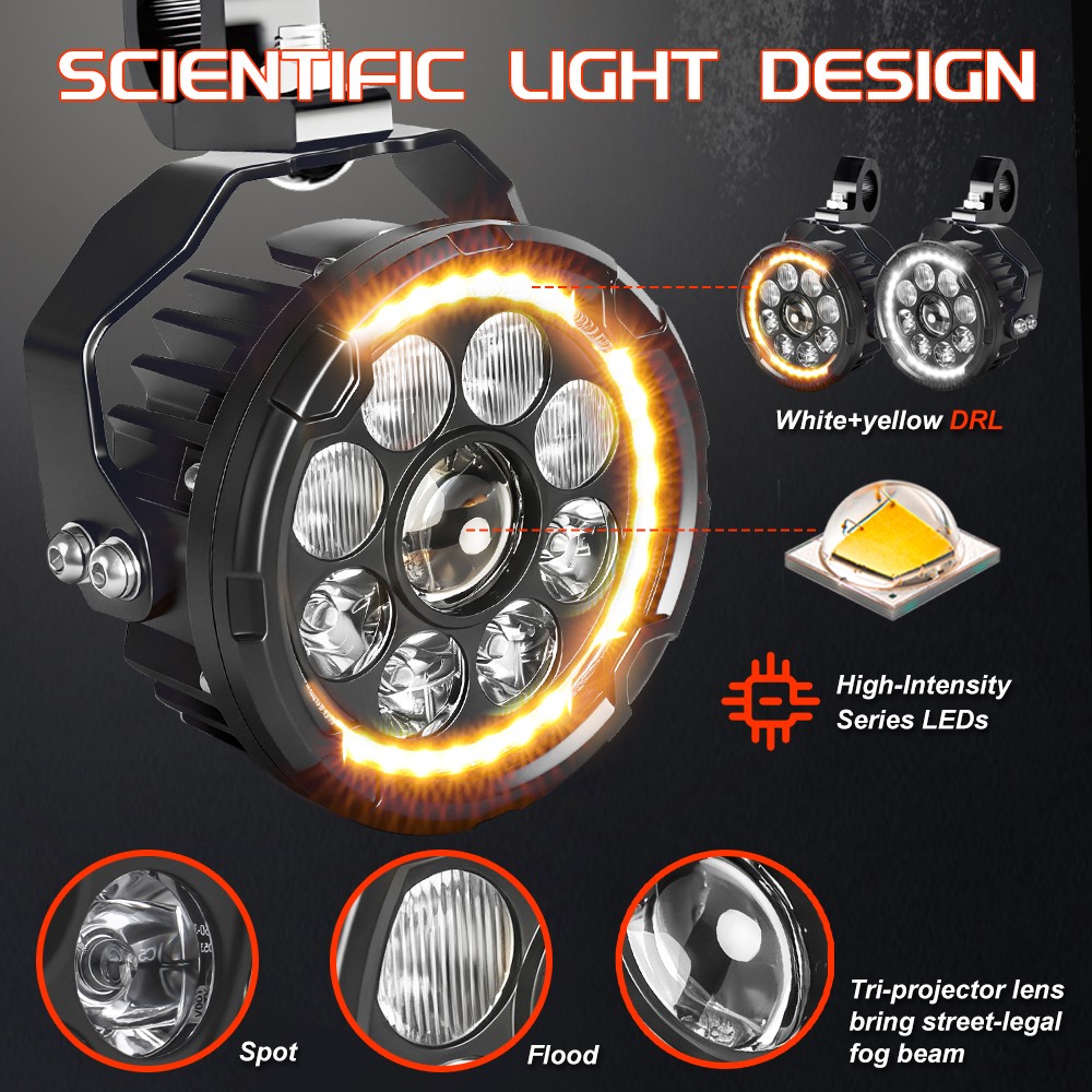 2x4.5" 200W LED Motorcycle Driving Fog Spot Light Auxiliary Lamp White+Amber DRL
