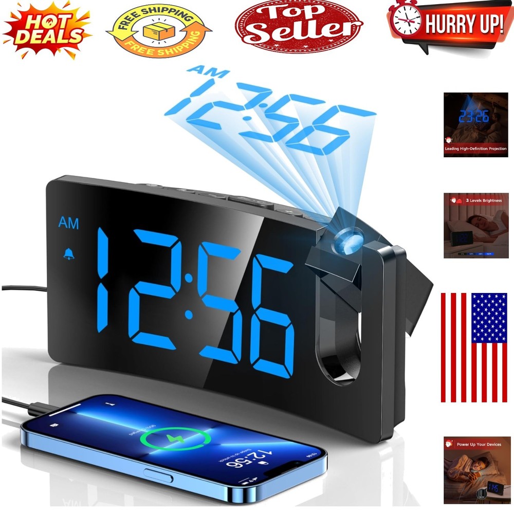 Clear Projection Digital Alarm Clock with Adjustable Brightness & USB Charging