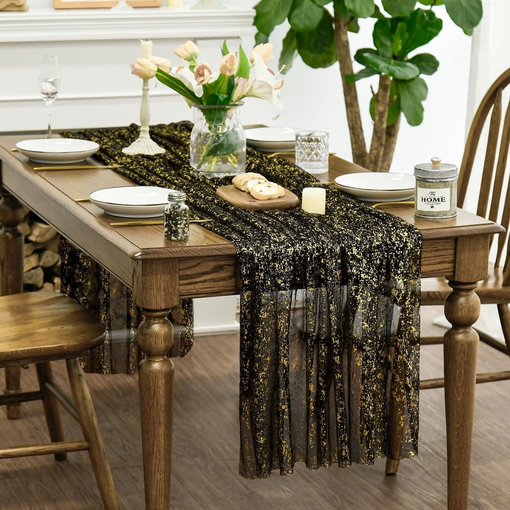 Black Gold Gauze Tablecloth 60x104 Inch Rectangular Sequin Glitter Metallic