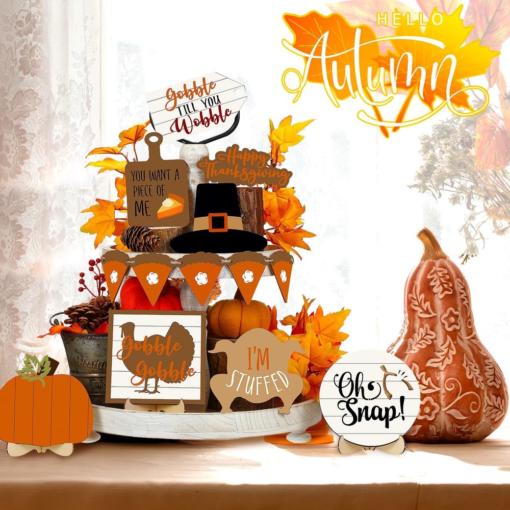 19 Pcs Fall Tiered Tray Decor Set Thanksgiving Decorations Pumpkin Maple Leaf...