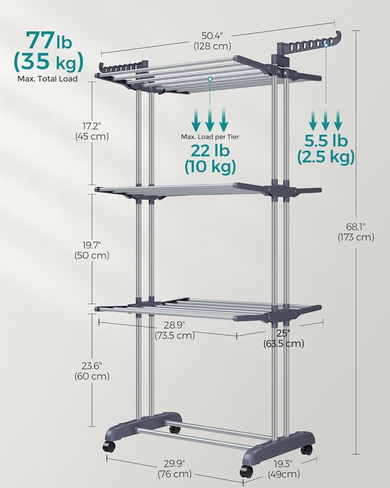 Clothes Drying Rack Stand 4-Tier Foldable Laundry Drying Rack 68.1-Inch Tall