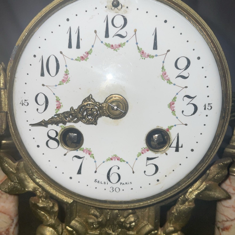 French Marble and Ormulo 5 Column Portico Clock Selsi Paris Three Piece Set