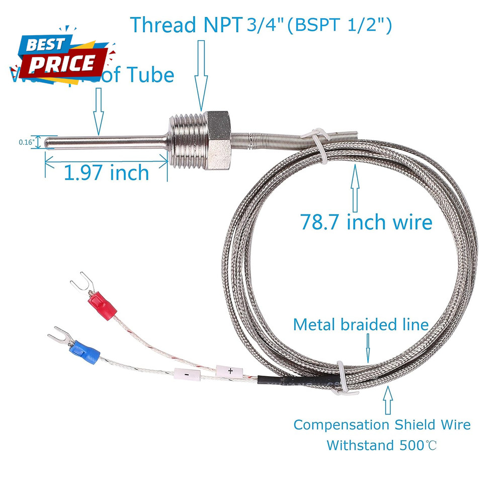 Waterproof K Type Thermocouple - Grounded Temperature Sensor Probe for PID Temp