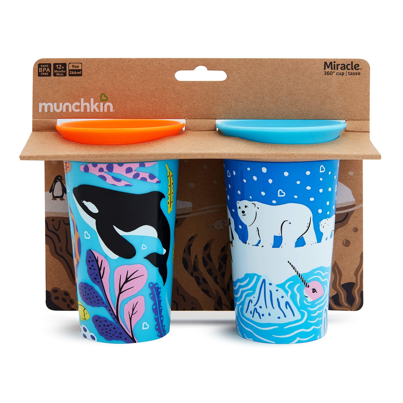 Munchkin® Miracle® 360 WildLove Sippy Cup, 9 Ounce, 2 Pack, Polar Bear/Orca