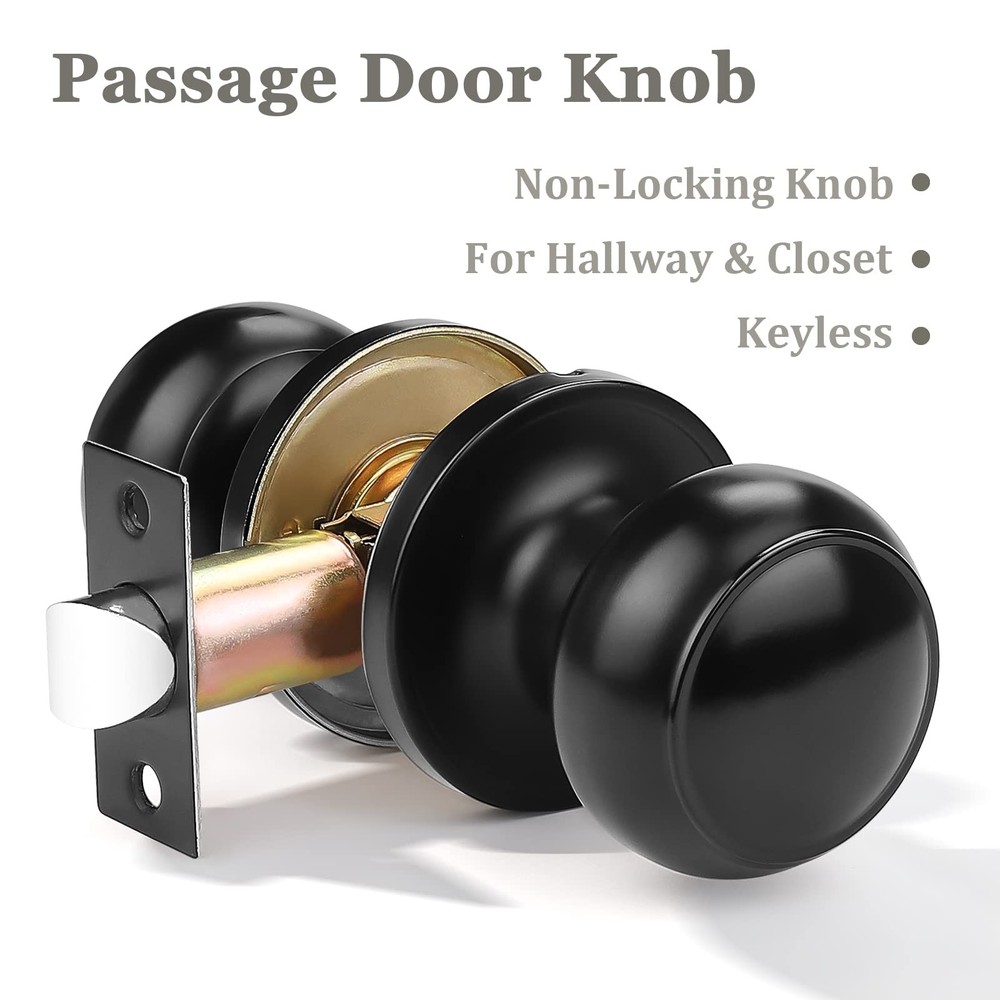 Probrico 1 Pack Round Passage Door Knob(Non-Locking Knobs), 1 Pack, Black