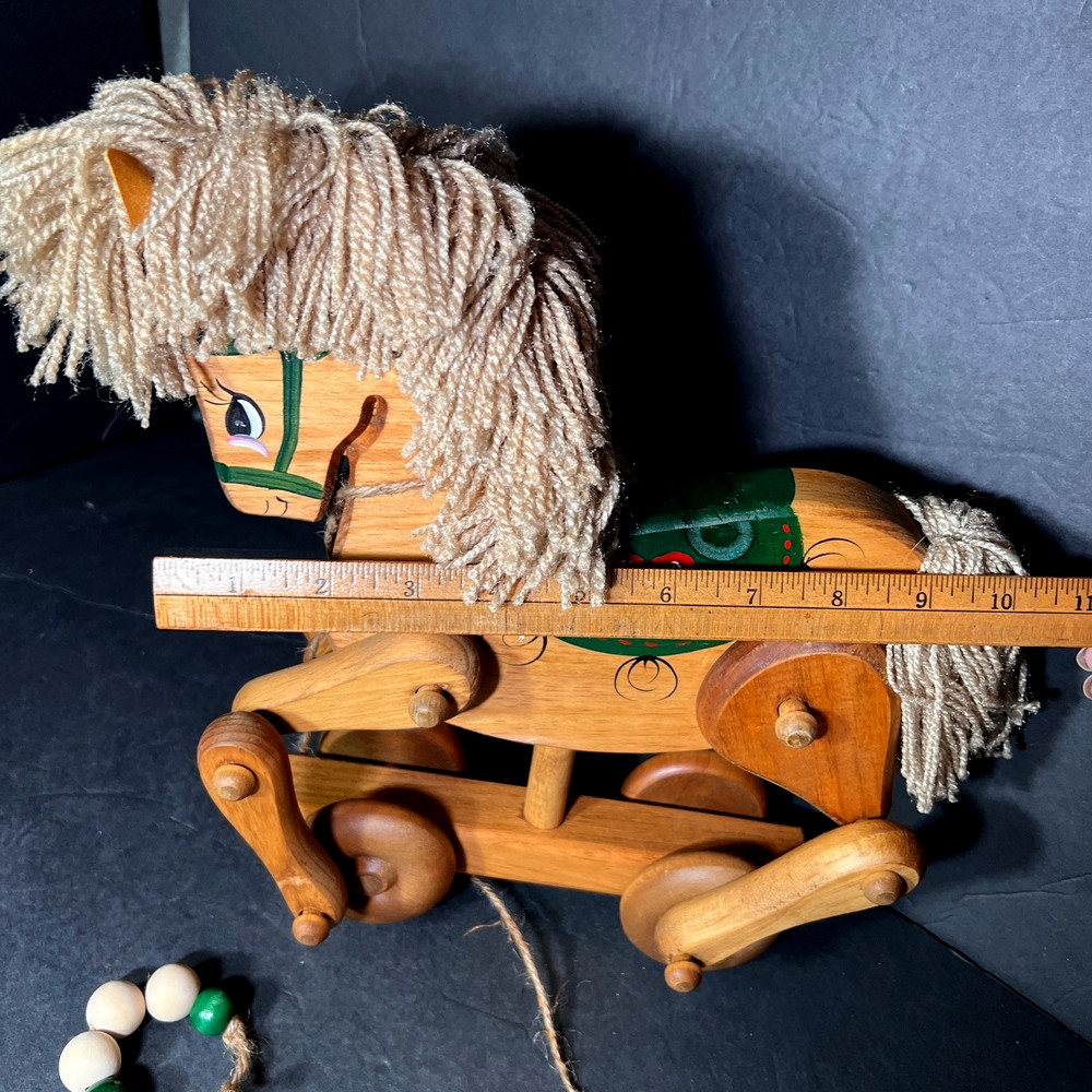 Vtg Solid Work Rolling Horse Folk Art Pull Toy Hand Crafted Tole Painted