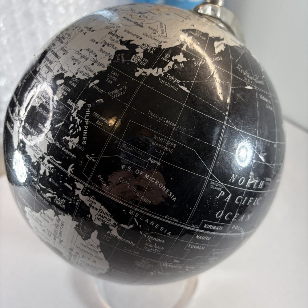 Black Silver Chrome Desktop Globe Decor 12.5" With Clear Stand