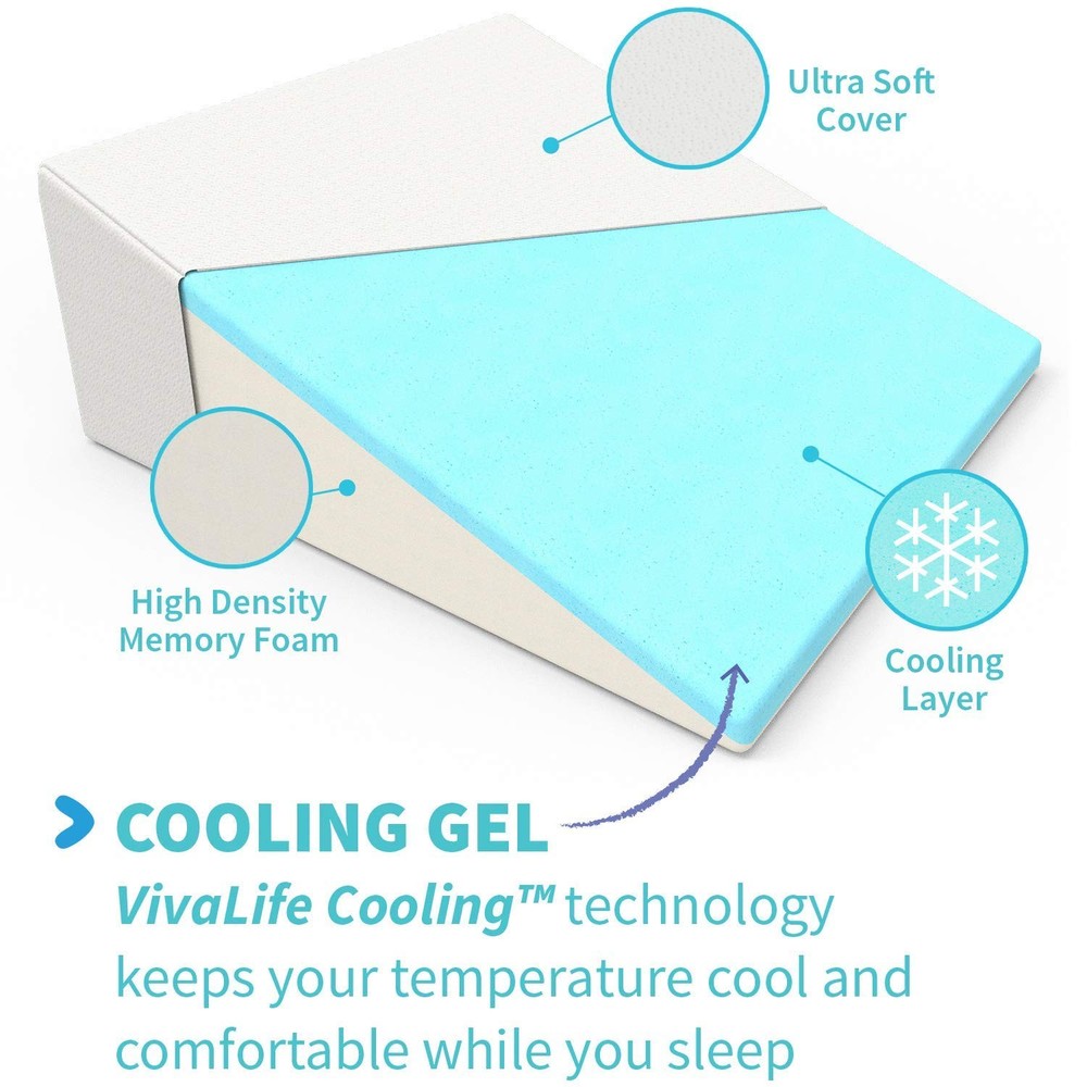 Bed Wedge Pillow Gel Memory Foam Top - Cooling Elevated Support Cushion for L...