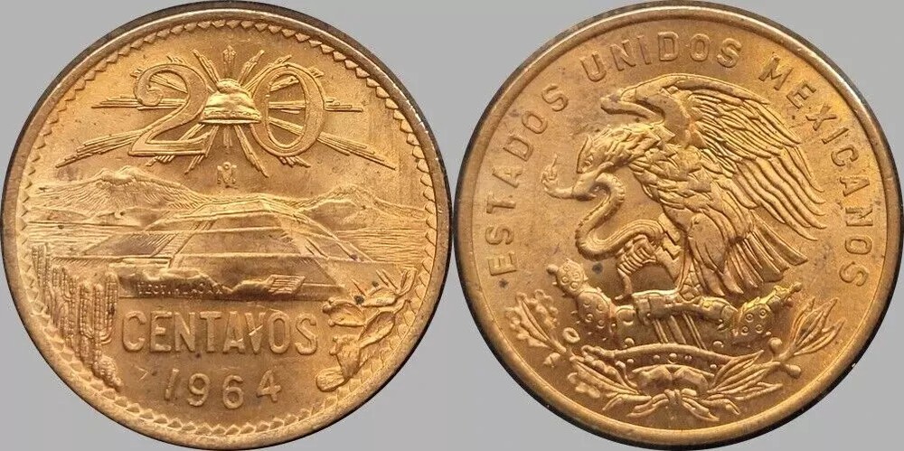 1964-Mo MEXICO 20 CENTAVOS BU UNC DETAILED COIN #E