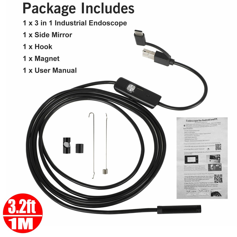 6.5FT Industrial Endoscope 7mm Borescope 6LED Inspection USB Snake Camera Scope