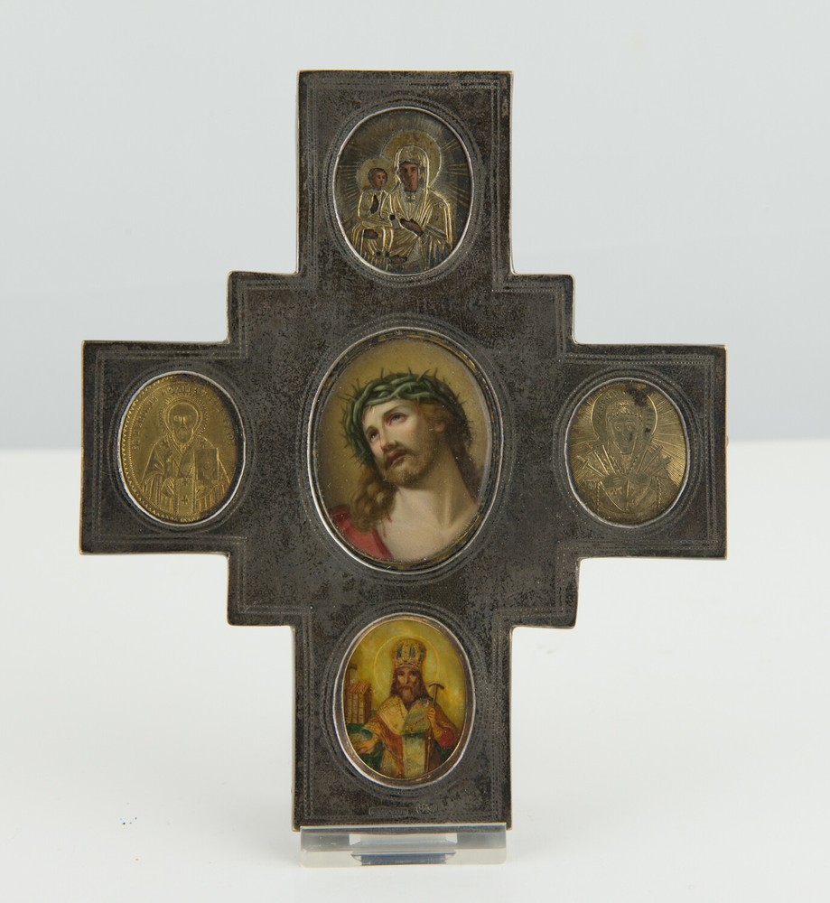 Imperial Russian Enameled Silver Cross with Images