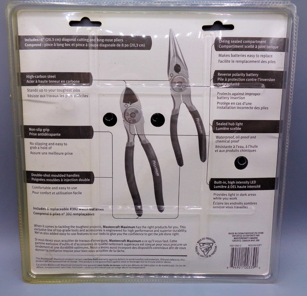 NEW Master Craft Maximum Lighted 8" Long Nose Pliers & Diagonal Pliers Set