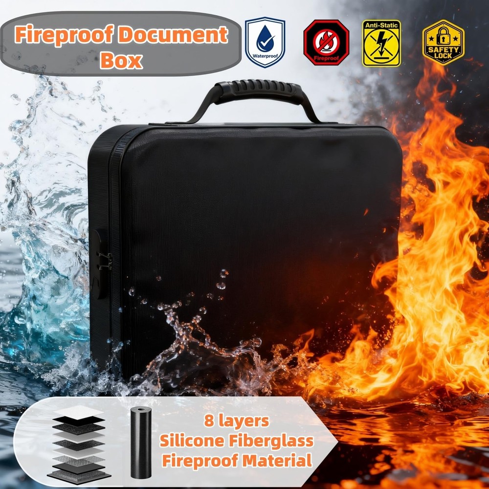 Fireproof Document Box (Soft-Shell) with Lock & 15x4.1x11 inches, black