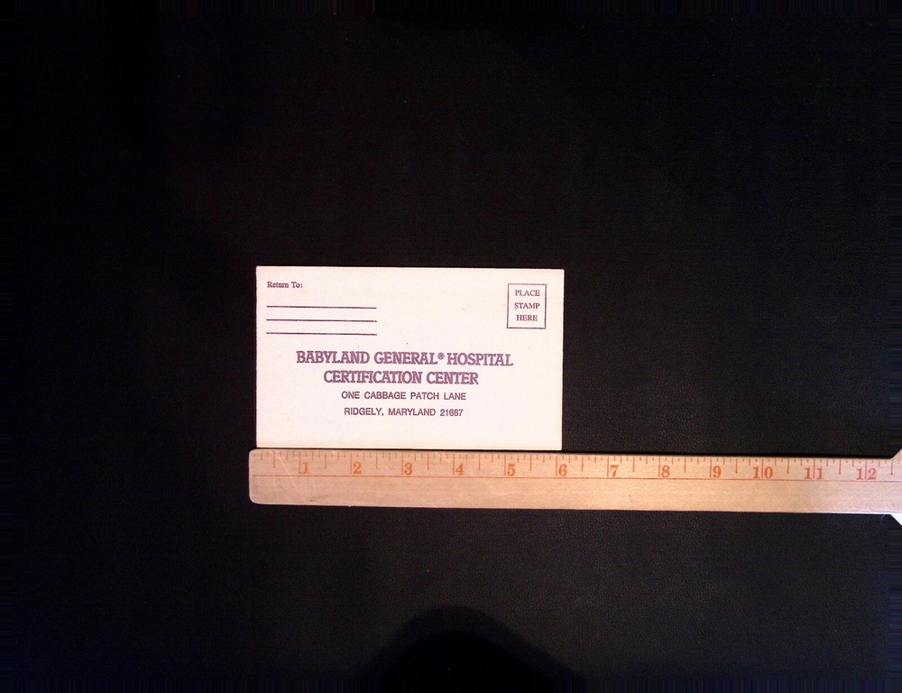 Cabbage Patch Kids Return Envelope Babyland General Hospital Certification