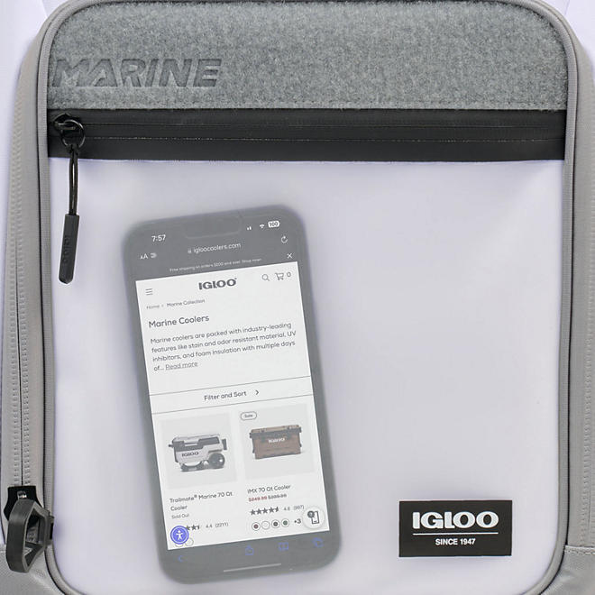 IGLOO MARINE BACKPACK Soft Side Cooler Zippered Pockets Cell Touchscreen Window